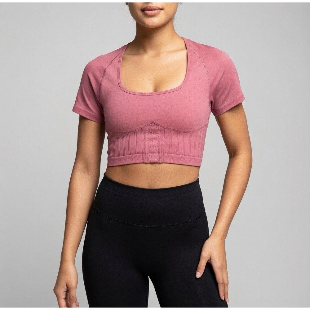 Gymshark Corset Seemless Crop Top Women XL Pink Crop Top Short Sleeve Athletic